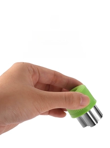 Detail of stainless steel cookie cutter with green PE protective hand guard handle
