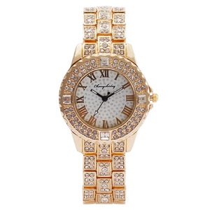 Montre à quartz pour femme en métal doré avec strass et cadran à chiffres romains