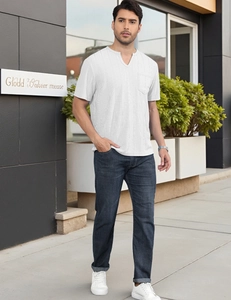 Detail of white Henley V-neck t-shirt with a chest pocket in cotton blend fabric