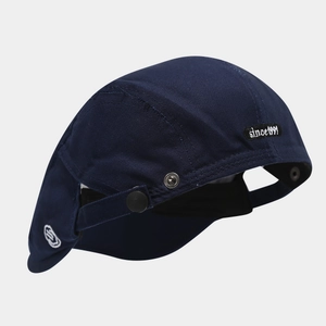 Dark blue painter beret with unique side snap buttons and letter embroidery detail
