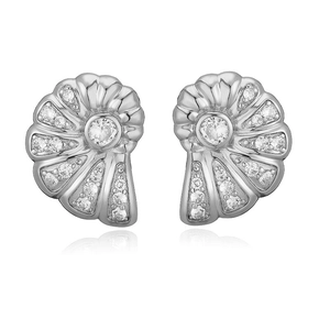 Detail view of silver shell earrings with white cubic zirconia and mirror reflection