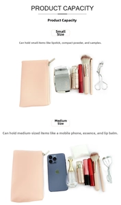 Pink PU leather pouch capacity comparison showing small and medium sizes for makeup