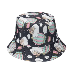 Black bucket hat with cute cartoon hot air balloon and bunny prints for women