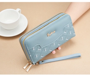 Blue long wallet for women featuring double zipper, diamond pattern, and floral details