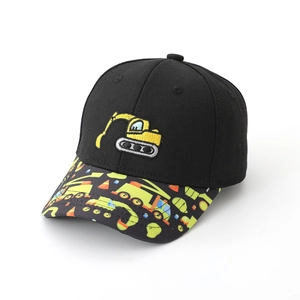 Detailed close-up of excavator embroidery and construction print on a kids' baseball cap