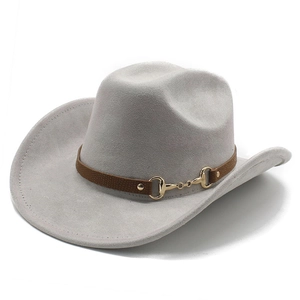 Close-up of light grey fedora hat with brown leather band and gold horse-bit buckle detail