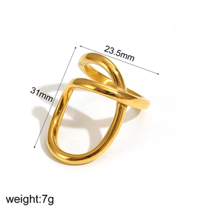 Detail showing 18k gold plated geometric ring dimensions 31mm length and 7g weight
