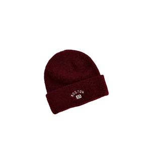 Winter wool blend knit beanie in burgundy with Boston 23 embroidery on white background