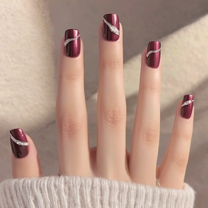 Wine Red Press On Nails Silver Glitter Wave Cat Eye Effect Short Square Round False Nails For Women Winter