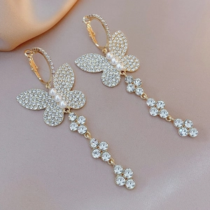 Butterfly Long Drop Tassel Earrings Alloy Rhinestone Imitation Artificial Pearl With 925 Sterling Silver Earring Post For Women