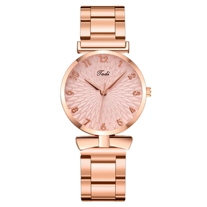 Elegant rose gold women's quartz watch with pink textured dial and Tadi metal strap