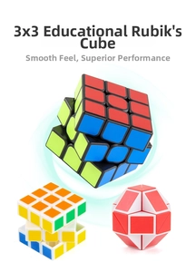 Three educational magic cubes including classic 3x3 versions and a red twist puzzle snake
