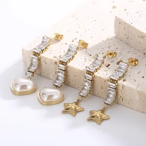 Heart Artificial Pearl And Star Cubic Zirconia Stainless Steel Long Dangle Drop Earrings For Women Elegant Sweet Jewelry