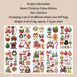 Close-up of waterproof Christmas temporary tattoos with Santa and reindeer patterns