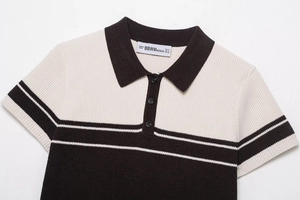 Detailed close-up of ribbed knit texture and buttoned polo collar in beige and brown