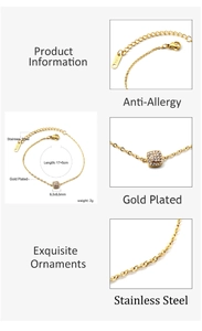 Detail of 17+5cm gold plated stainless steel chain with a small 6.3x6.5mm square zircon charm