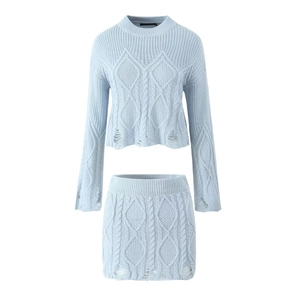 Women Cable Knit Cropped Sweater And Mini Skirt Distressed Ripped Edges Round Neck Long Sleeve Casual Streetwear