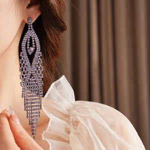 Close-up of model wearing long purple crystal chandelier tassel drop earrings with silver base