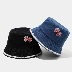 Denim bucket hats with lace trim and plaid bow in black and vintage blue colors