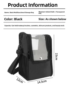 Detail view of the black organizer bag with dimensions and transparent PVC window panels