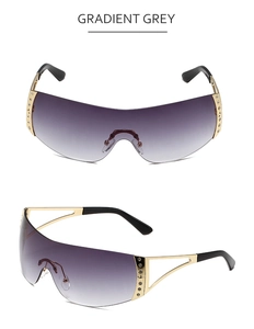 Frameless Y2K sports sunglasses with gradient grey lenses and star rhinestone temple detail