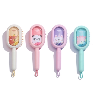 Detail of four colorful oval hair brushes with sparkling liquid glitter and cute animals