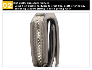Close-up of litchi grain leather texture and durable gold vacuum-plated metal zipper