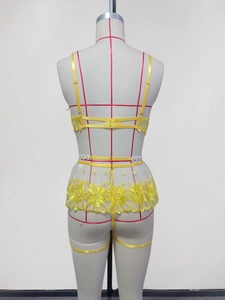 Detailed embroidery of yellow daisies on semi-transparent white mesh lingerie set