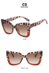 Detailed views of cat-eye leopard print sunglasses with gradient brown lenses and side metal rings
