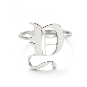 Detail view of silver Gothic letter P ring with polished finish in minimalist style
