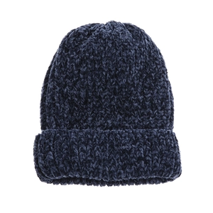 Close-up of dark blue chunky knit beanie showing soft chenille texture and warm thick ribbed fold