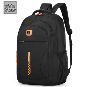 Detail view of the black and orange sport backpack showing durable zippers and mesh pockets