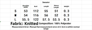 Size chart table for striped polo knit sweater showing S M L dimensions in centimeters