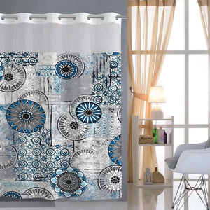 Ethnic blue mandala floral shower curtain with double-layer metal rings for bathroom