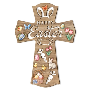 Easter wooden cross wall decor with bunny eggs and cutout Happy Easter sign for door
