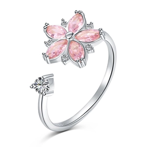 S925 sterling silver open ring featuring a rotating pink zircon flower petal design