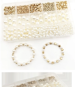 Flat lay of 15-grid jewelry kit with pearls, star beads, and DIY handmade bracelets