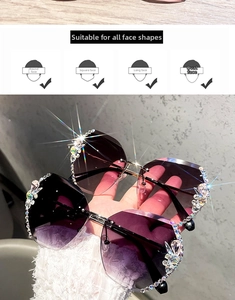 Detail of oversized rimless rhinestone sunglasses for all face shapes and UV protection