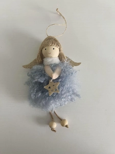 Detail of light blue fuzzy Christmas angel ornament with gold wings and wooden head