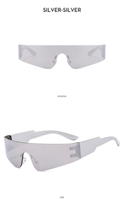 Front and side views of silver Y2K futuristic rimless sports wrap sunglasses