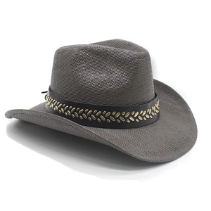 Detailed view of grey straw cowboy hat with metallic rivets on black leather band