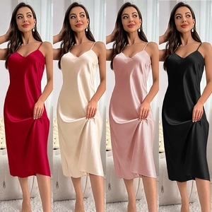 Nuisette En Satin Col En V Robe De Nuit Bretelles Spaghetti Imitation Satin Longueur Midi Vêtements De Détente Élégants