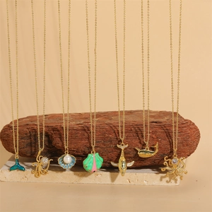 Collana Pendente Tema Oceano Rame Placcato Oro 14K Zircone Perla Artificial Smalto Coda Di Pesce Polpo Conchiglia Gioielli Donne