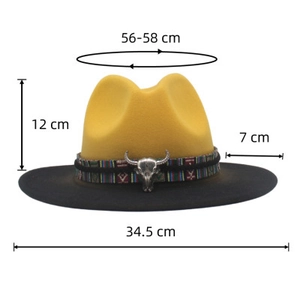 Detailed size chart of bicolor cowboy hat featuring measurements and bull head ornament