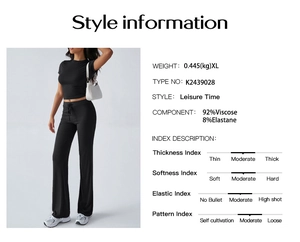 Detailed size and fabric chart for black two-piece casual set with viscose and elastane