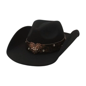 Classic black wide-brim felt cowboy hat featuring a brown leather band and rhinestone heart buckle