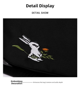 Close-up of intricate white rabbit embroidery on black fabric with green and orange details