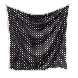 Elegant black silk square scarf with white polka dots and letter C pattern for women