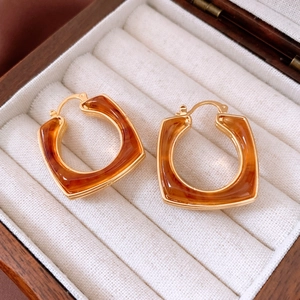 Detailed macro view of 18k gold-plated resin square earrings in a wooden jewelry box