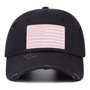 Distressed black baseball cap with pink American flag embroidery and vintage ripped details